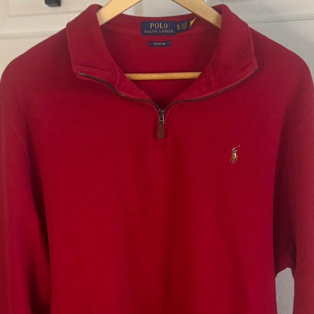 Polo Ralph Lauren XL Red Quarter-Zip Cotton Sweater Navy Blue Pony Logo